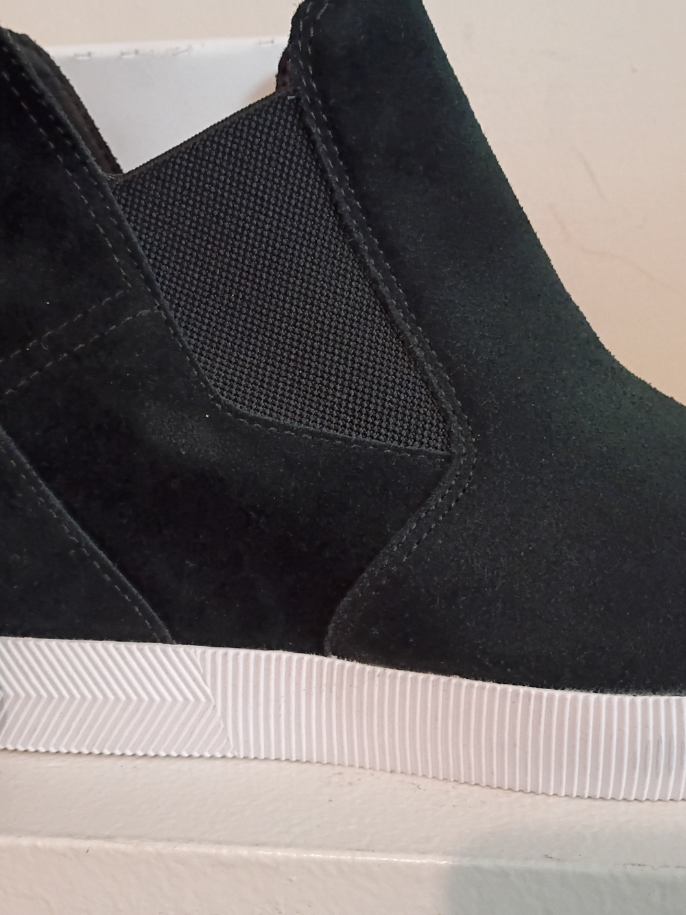 Sorel Black Suede Slip-On Wedge Sneaker with White Sole